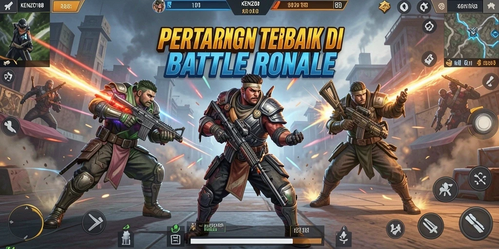 Screenshot KENZO188 menunjukkan aksi gameplay intens dalam pertempuran Battle Royale.