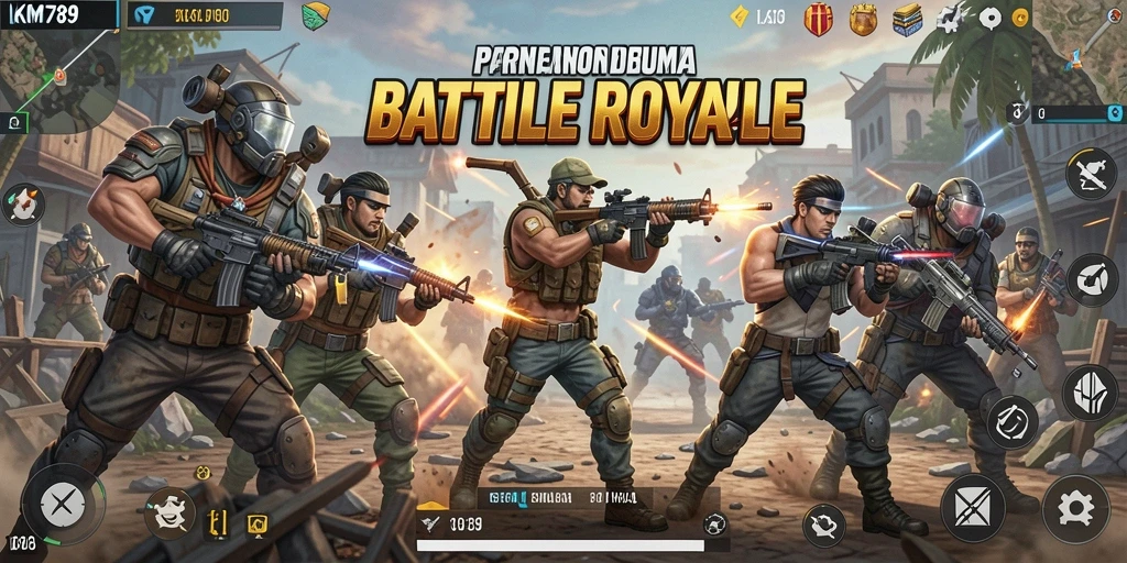 Tangkapan layar utama KM789 menampilkan aksi seru dalam pertempuran Battle Royale.
