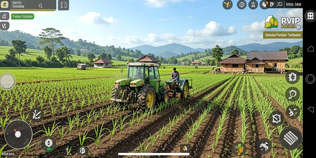 Tampilan gameplay <strong>RVIP</strong> dengan lahan pertanian yang subur dan beragam tanaman.