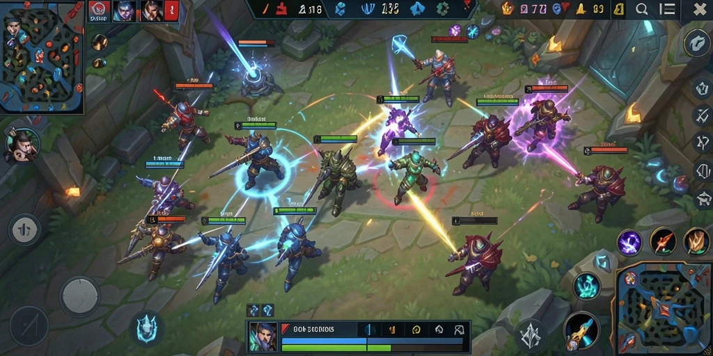 Screenshot UT77 menampilkan pertarungan intens dalam arena MOBA.